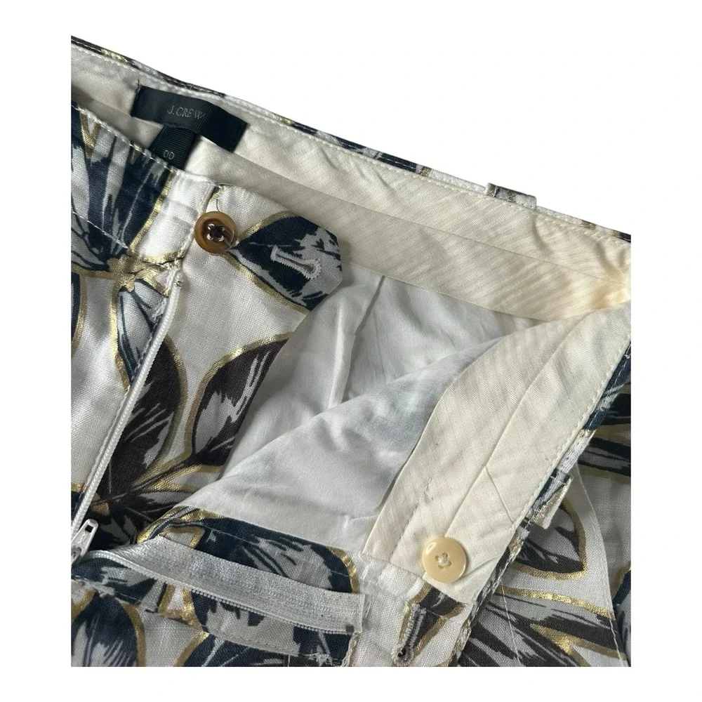 J. Crew Women's Garden Pant Cropped Gold Foil Leaf 100% Linen‎ Size 00